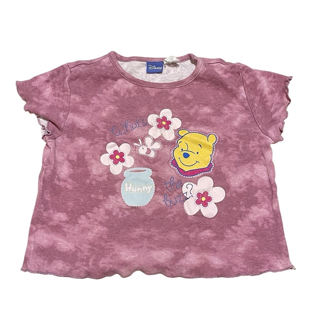 Y2K Kids Pink Pooh Bear Disney Hunny Bees T Shirt‎ 4T Tie Dye Flowers Ruffles